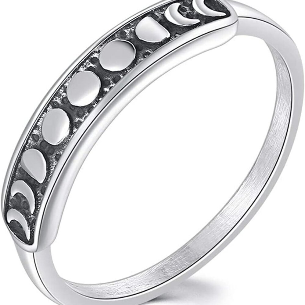 Retro Vintage Stainless Steel Moon Phase Shape Crescent Stacking Wedding Band Pr